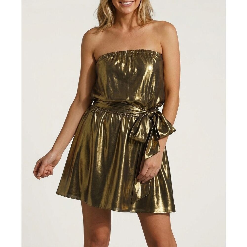 Jay Godfrey Ford Dress Metallic Silk Blend Strapless Mini Blouson Gold NWT 2